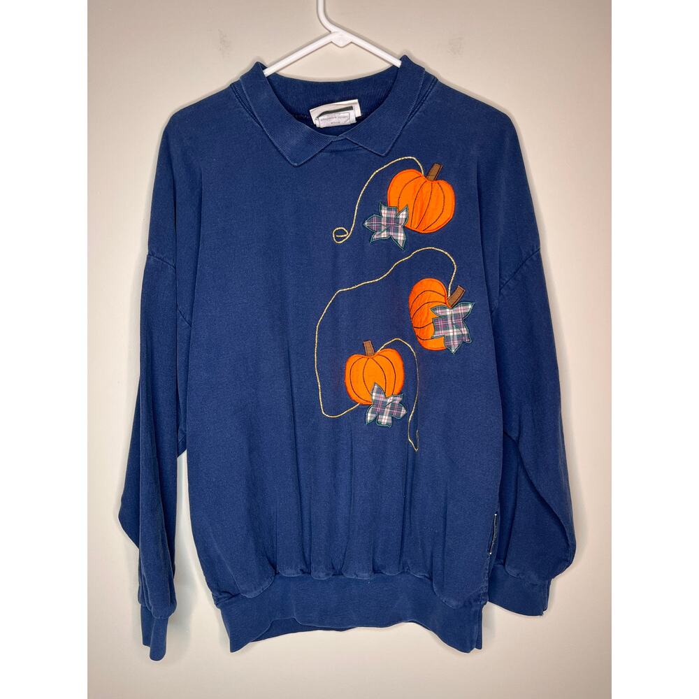1980s Cottontops Navy Plaid Leaves Fall Pumpkins Harvest Collared Sweatshirt M